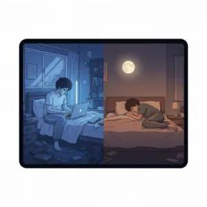 A split-screen illustration showing a person working on a laptop in bed on one side with a tense, chaotic, cool-toned aura, and the same person sleeping peacefully in a calm, warm, moonlit bedroom on the other, highlighting the concept of environmental boundaries, minimalist digital art style.