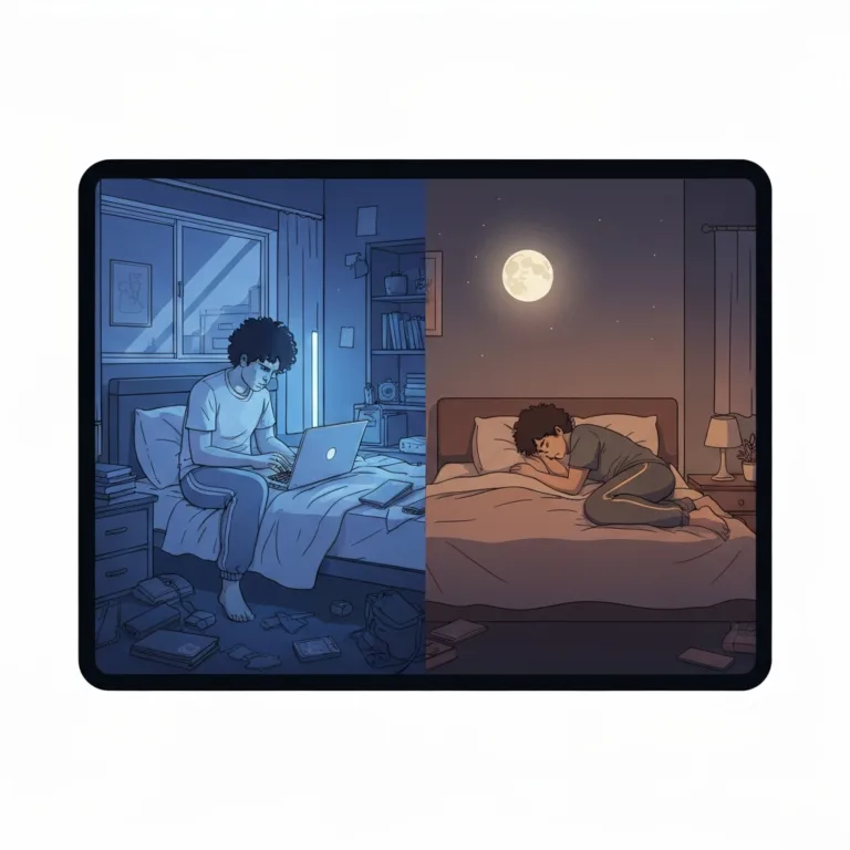 A split-screen illustration showing a person working on a laptop in bed on one side with a tense, chaotic, cool-toned aura, and the same person sleeping peacefully in a calm, warm, moonlit bedroom on the other, highlighting the concept of environmental boundaries, minimalist digital art style.