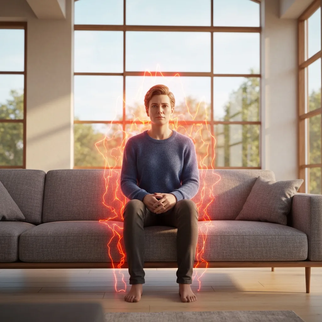 A visual metaphor of somatic dissonance: A person sitting calmly on a modern sofa in a peaceful, sunlit living room, but a translucent, jagged, vibrating red and orange aura around their body illustrates severe internal physiological distress. Cinematic lighting, highly detailed, photorealistic.