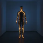A conceptual image of a glowing human silhouette where the nervous system is visible, standing in a peaceful, dimly lit room. The nerves are glowing softly with a warm, calming amber light, symbolizing a regulated, safe nervous system. High contrast, cinematic lighting, photorealistic.