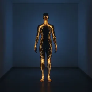 A conceptual image of a glowing human silhouette where the nervous system is visible, standing in a peaceful, dimly lit room. The nerves are glowing softly with a warm, calming amber light, symbolizing a regulated, safe nervous system. High contrast, cinematic lighting, photorealistic.