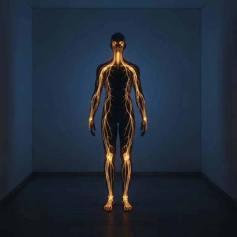 A conceptual image of a glowing human silhouette where the nervous system is visible, standing in a peaceful, dimly lit room. The nerves are glowing softly with a warm, calming amber light, symbolizing a regulated, safe nervous system. High contrast, cinematic lighting, photorealistic.