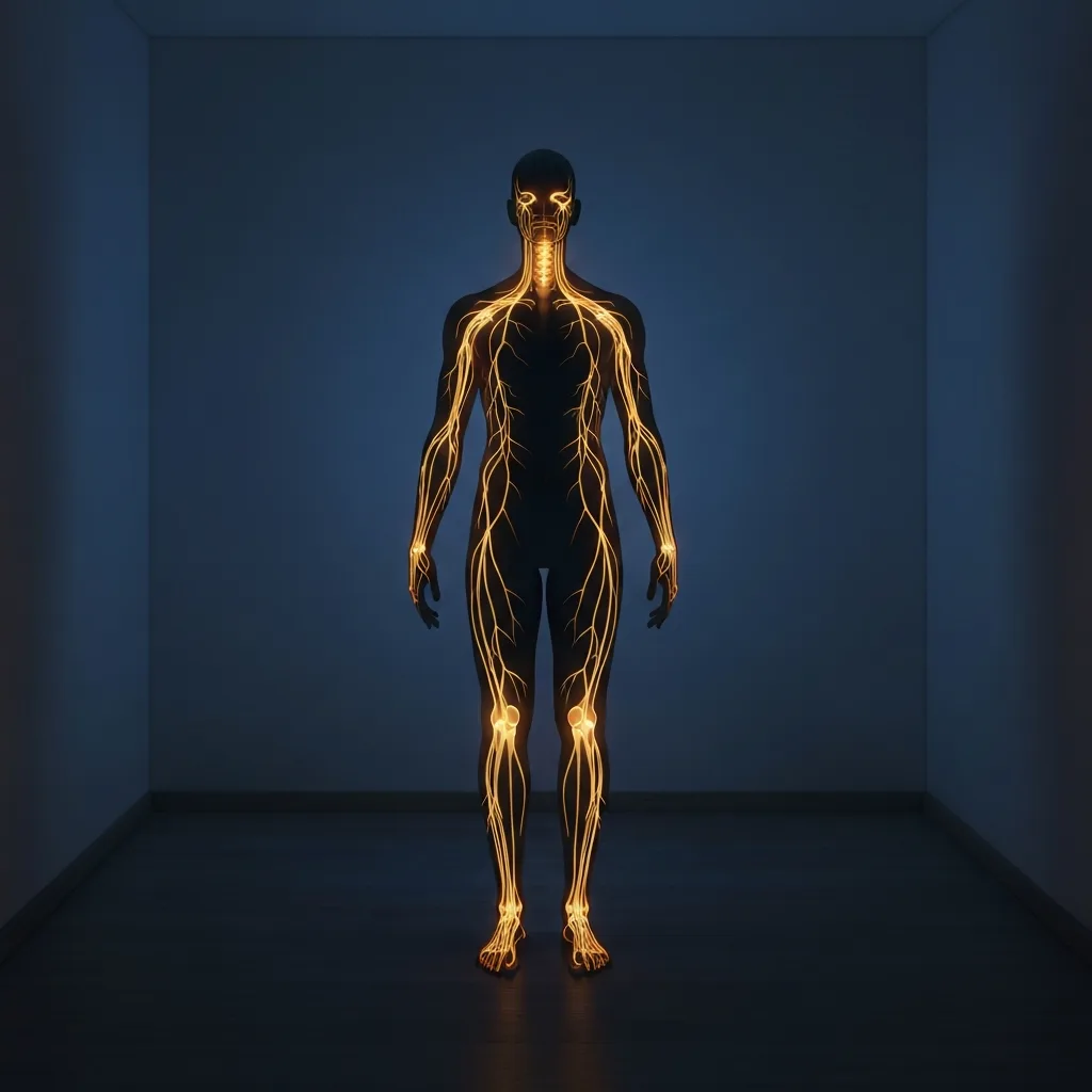 A conceptual image of a glowing human silhouette where the nervous system is visible, standing in a peaceful, dimly lit room. The nerves are glowing softly with a warm, calming amber light, symbolizing a regulated, safe nervous system. High contrast, cinematic lighting, photorealistic.