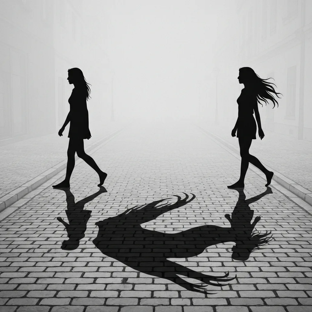 A surreal, minimalist digital illustration showing two identical silhouettes of a woman walking in opposite directions on a foggy, cobblestone street, with one silhouette casting a long, distorted shadow that looks like a monster.