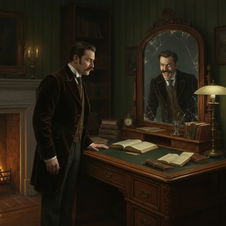 A moody, atmospheric oil painting of a Victorian gentleman looking into a cracked, ornate mirror, but the reflection shows a sinister, shadowy version of himself with glowing eyes, set in a dimly lit 19th-century study.