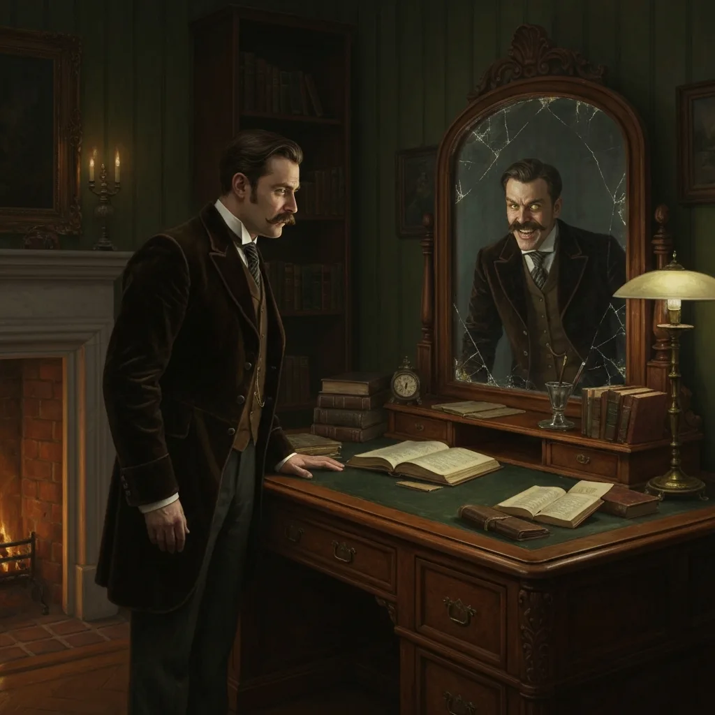 A moody, atmospheric oil painting of a Victorian gentleman looking into a cracked, ornate mirror, but the reflection shows a sinister, shadowy version of himself with glowing eyes, set in a dimly lit 19th-century study.