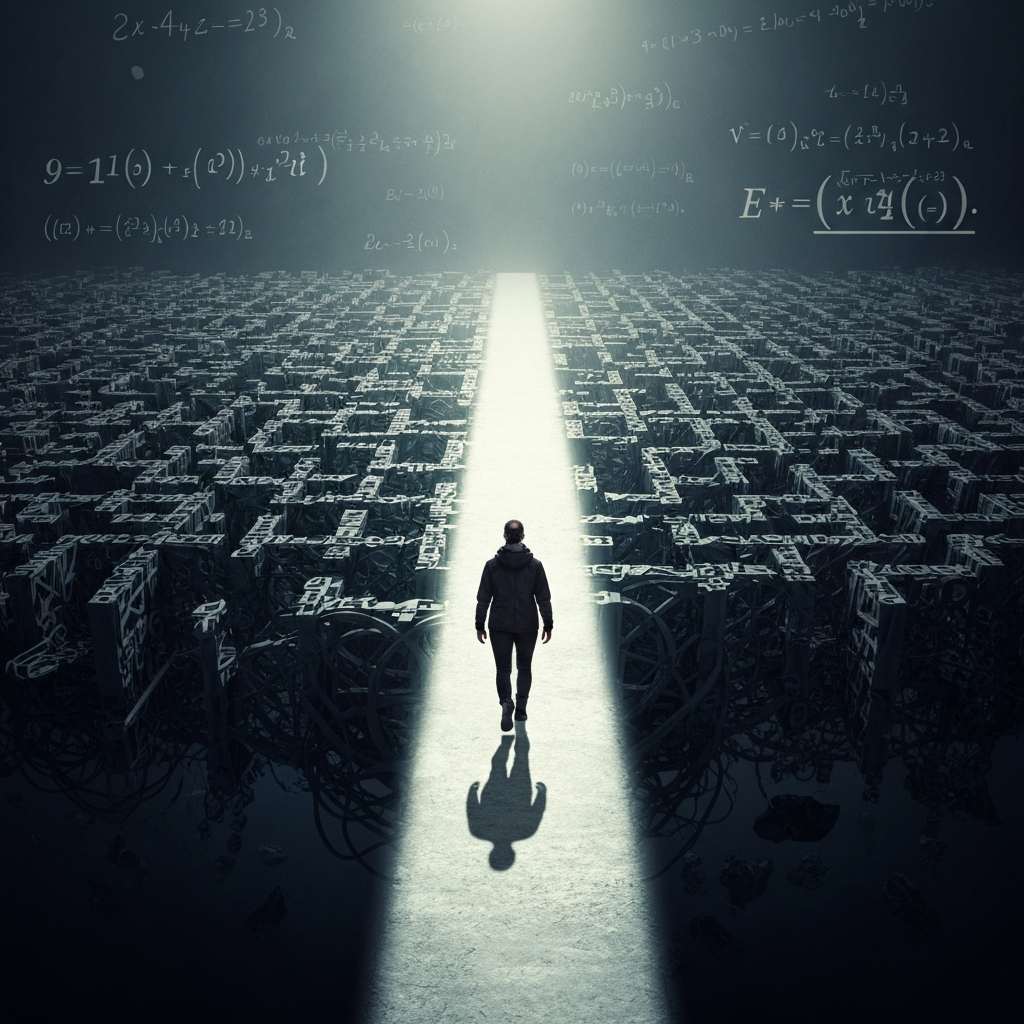 A surreal, conceptual image showing a person walking confidently on a narrow, brightly lit path that cuts straight through a massive, chaotic maze of dark, tangled numbers and mathematical equations, symbolizing ignoring the odds to forge ahead, high contrast, dramatic lighting.