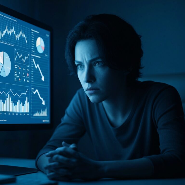 A dramatic, cinematic shot of a person sitting in a dimly lit room, staring intensely at a glowing computer screen filled with complex charts and declining graphs, their face illuminated by the cold blue light, conveying a sense of statistical overwhelm, hyper-realistic, 8k resolution.