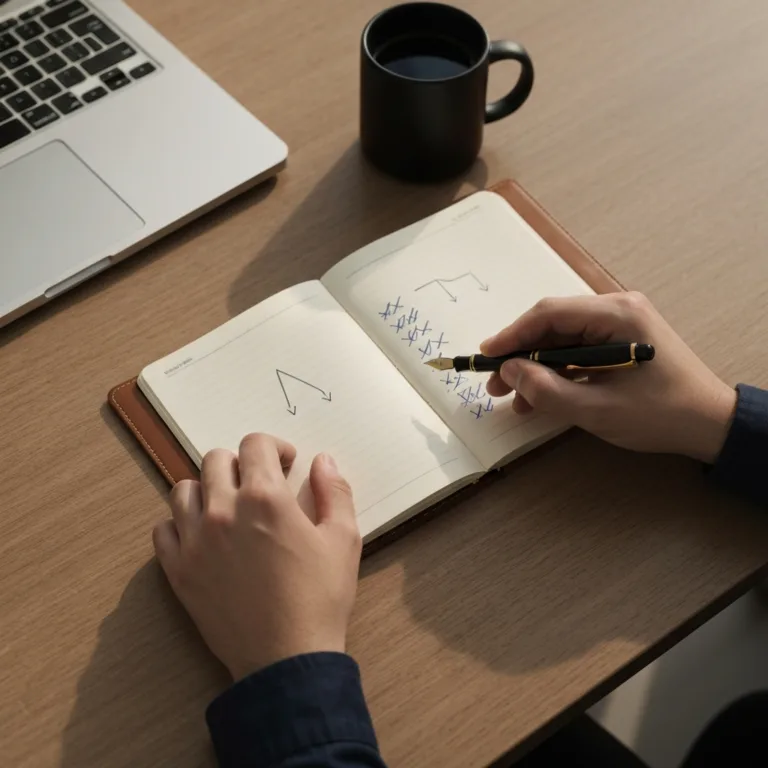 A top-down view of a modern, minimalist wooden desk. A person's hands are holding a sleek black fountain pen over a premium leather-bound notebook. The notebook pages show structured diagrams and crossed-out lists. Next to the notebook is a matte black coffee mug and a laptop slightly out of focus in the background. Soft, natural afternoon lighting casting gentle shadows, cinematic and high-resolution.