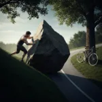 A hyper-realistic conceptual image showing a person straining to push a massive, jagged boulder up a steep, dark hill, while right next to them is a smooth, paved downhill path with a bicycle. Cinematic lighting, dramatic shadows, emphasizing the contrast between unnecessary struggle and elegant ease.