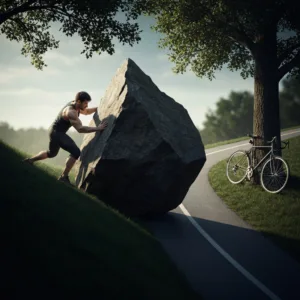 A hyper-realistic conceptual image showing a person straining to push a massive, jagged boulder up a steep, dark hill, while right next to them is a smooth, paved downhill path with a bicycle. Cinematic lighting, dramatic shadows, emphasizing the contrast between unnecessary struggle and elegant ease.