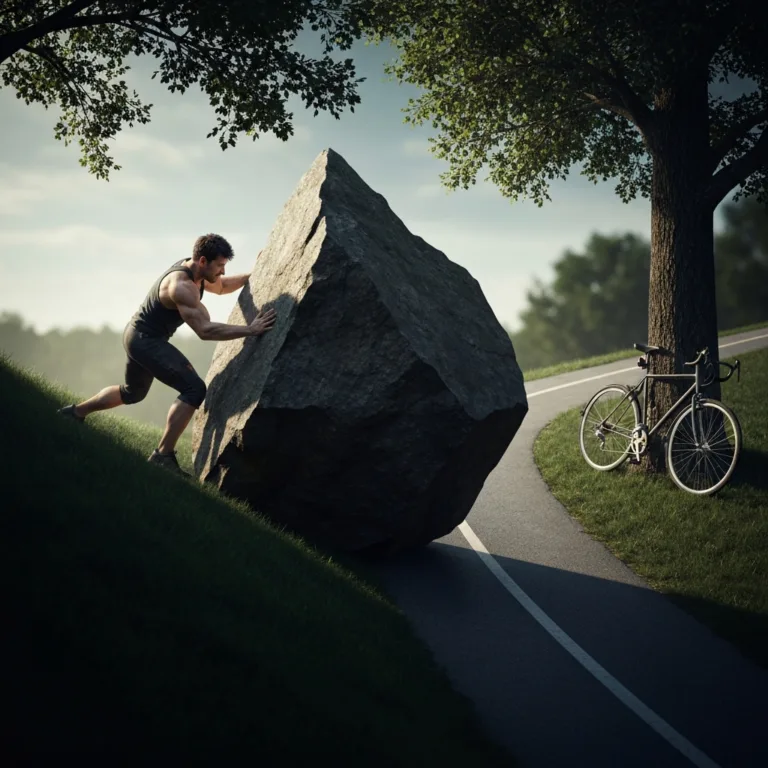 A hyper-realistic conceptual image showing a person straining to push a massive, jagged boulder up a steep, dark hill, while right next to them is a smooth, paved downhill path with a bicycle. Cinematic lighting, dramatic shadows, emphasizing the contrast between unnecessary struggle and elegant ease.