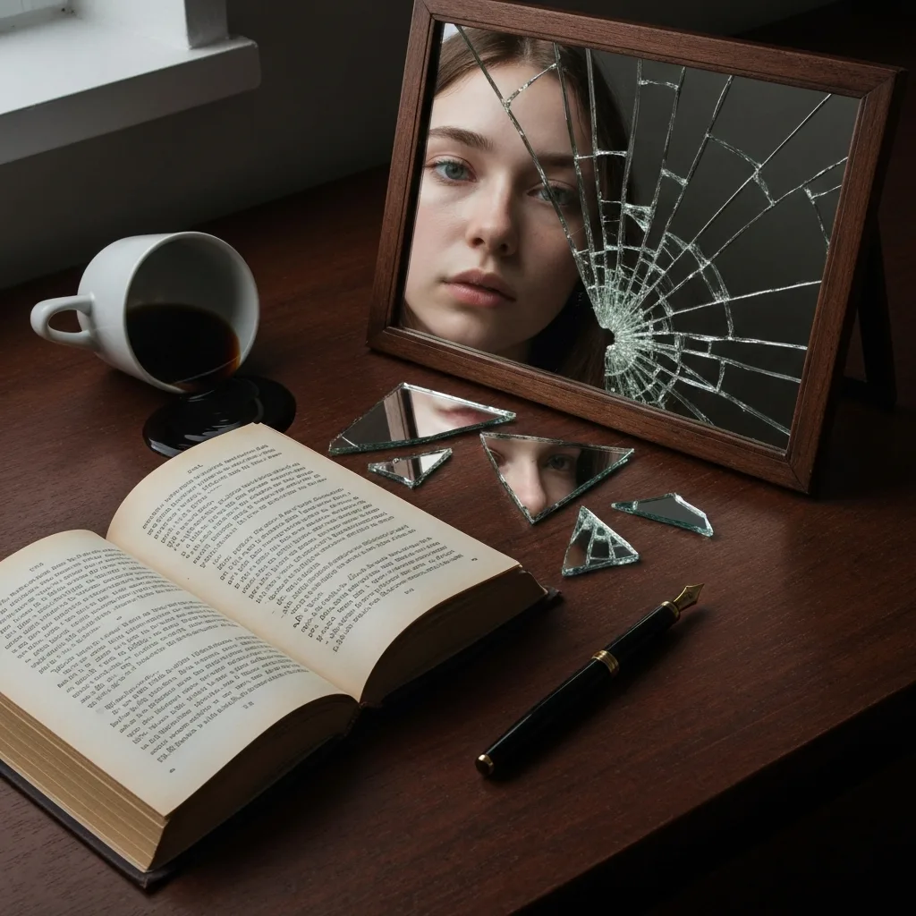 A conceptual still life featuring a shattered mirror reflecting fragments of a woman's face, resting on a wooden desk next to an open novel, a spilled cup of black coffee, and a fountain pen. Artistic, editorial photography style, conveying fractured identity and rebellion.