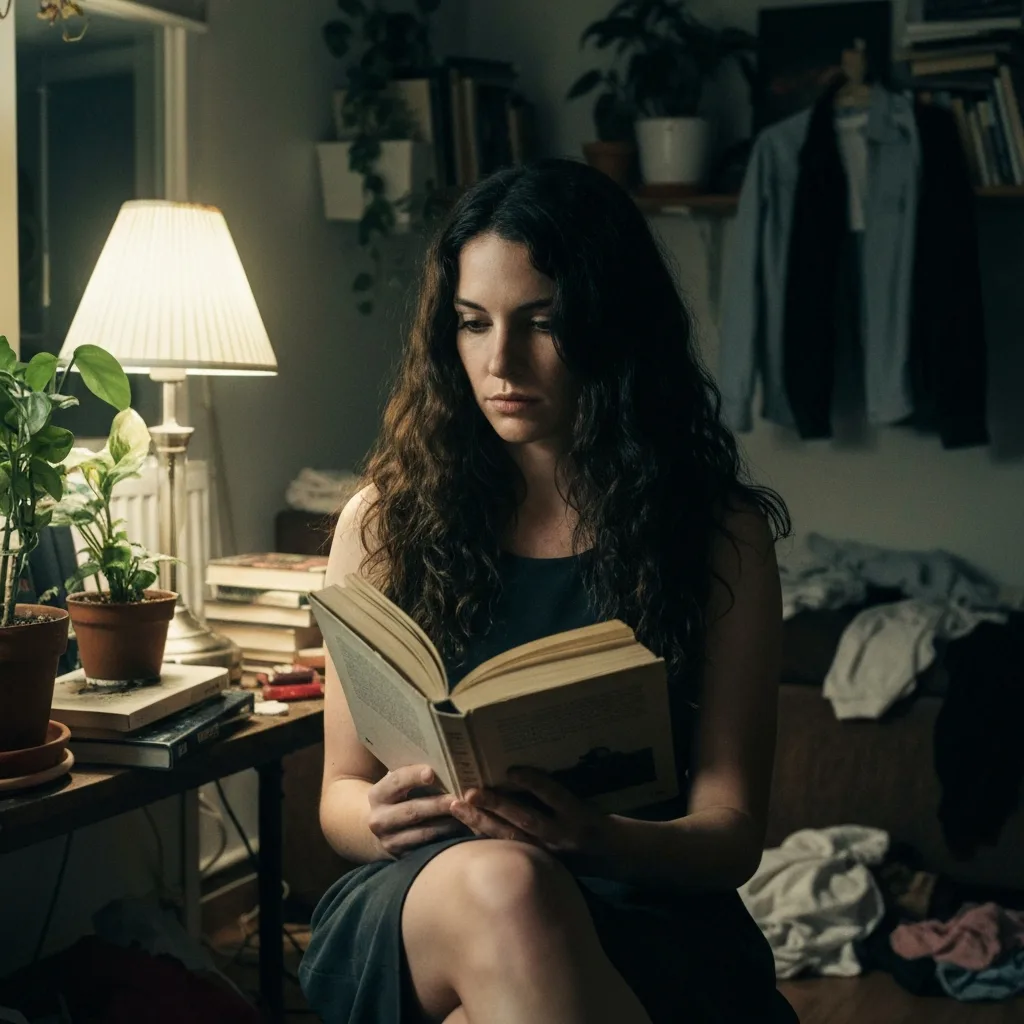 A moody, cinematic portrait of a modern woman sitting alone in a dimly lit, cluttered apartment, reading a worn paperback book. Shadows obscure half her face, suggesting moral ambiguity and complexity. Realistic, high-contrast lighting, muted color palette.