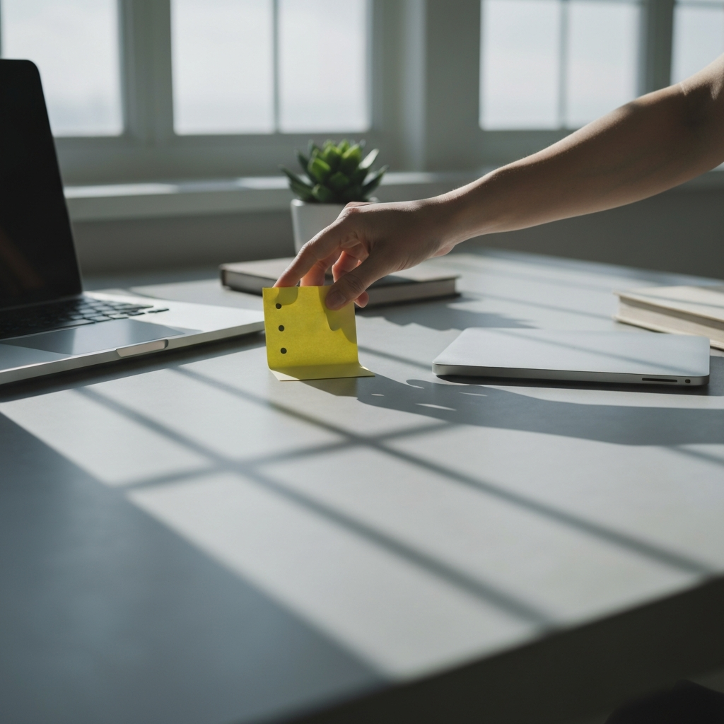 A minimalist, well-organized workspace in the soft morning light. A person's hand is placing a bright yellow sticky note with three bullet points onto a clean desk, symbolizing the 'Clean Slate' and the start of a fresh, focused day.