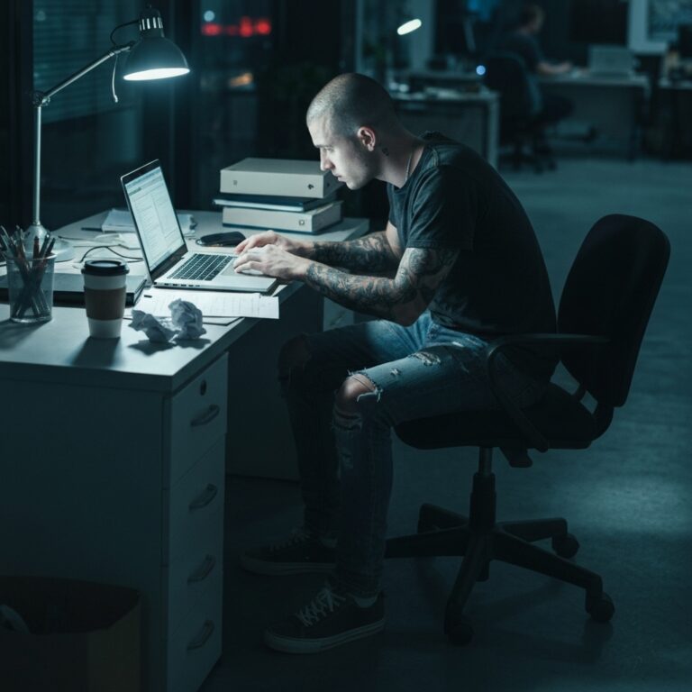A top-down view of a cluttered wooden desk at night, illuminated by the harsh blue light of a laptop screen. A half-empty coffee cup sits next to a crumpled to-do list. The atmosphere is tense and exhausting, representing the stress of working late to salvage a ruined day.