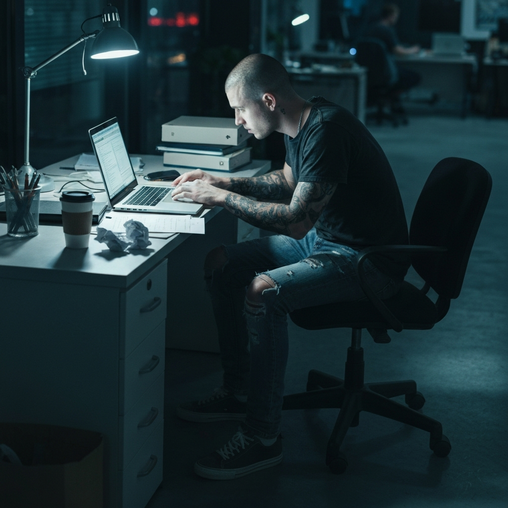 A top-down view of a cluttered wooden desk at night, illuminated by the harsh blue light of a laptop screen. A half-empty coffee cup sits next to a crumpled to-do list. The atmosphere is tense and exhausting, representing the stress of working late to salvage a ruined day.