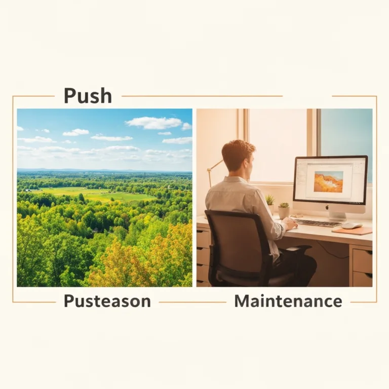 A minimalist workspace featuring a split-screen visual metaphor: the left side shows a lush, vibrant green plant rapidly growing out of an open planner to represent the 'Push' season, while the right side shows a neatly pruned bonsai tree sitting atop perfectly organized filing cabinets to represent the 'Maintenance' season. Soft, natural morning lighting, photorealistic, high resolution.