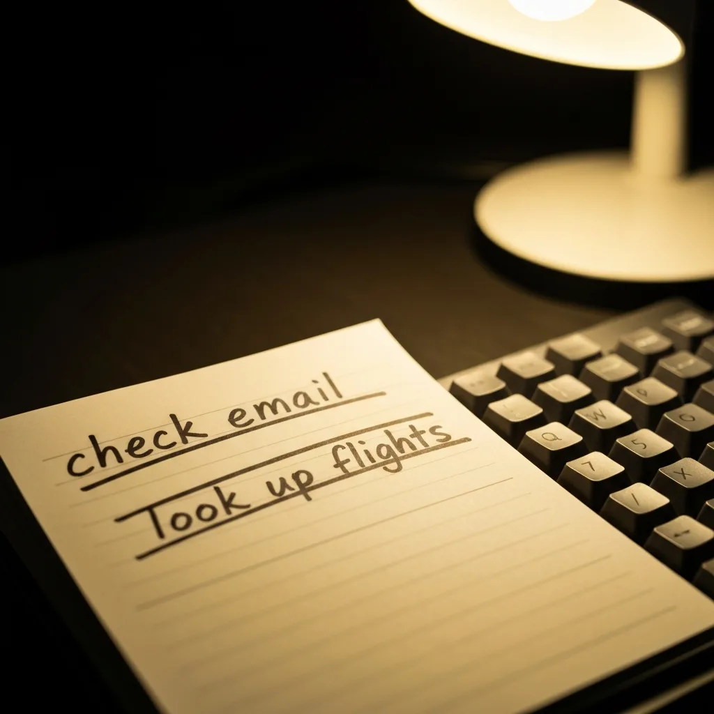 A close-up of a physical paper notepad next to a mechanical keyboard. On the notepad, handwritten notes read 'check email', 'look up flights', crossed out with a heavy pen line. Macro photography, sharp focus on the ink and paper texture, warm desk lamp lighting.