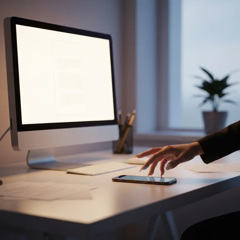 A minimalist, slightly messy desk with a glowing computer monitor displaying a single blank document. A person's hand is reaching hesitantly toward a smartphone resting on the edge of the desk, capturing the tension of self-interruption. Cinematic lighting, photorealistic, moody atmosphere.