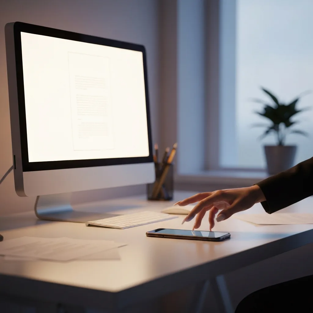 A minimalist, slightly messy desk with a glowing computer monitor displaying a single blank document. A person's hand is reaching hesitantly toward a smartphone resting on the edge of the desk, capturing the tension of self-interruption. Cinematic lighting, photorealistic, moody atmosphere.