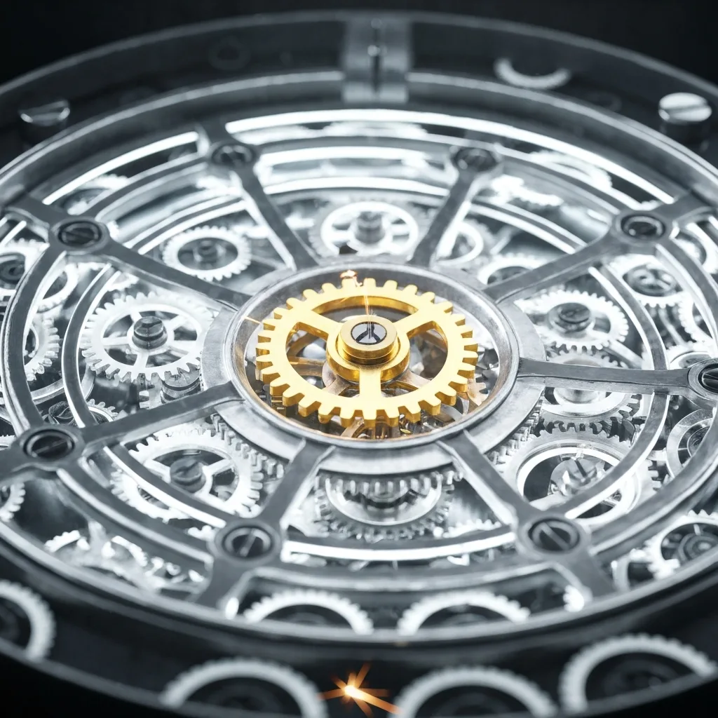 Macro photography of a complex, glowing metallic clockwork mechanism. A single, pristine gear is visibly placed in the wrong slot, jamming the entire massive system and causing sparks. High contrast, sharp focus on the misplaced gear, illustrating the concept of precise sequencing and mechanical failure.