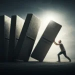 A cinematic, photorealistic image of a series of massive, monolithic stone dominoes. A solitary figure is struggling intensely to push over the fourth domino in the line, while the first three remain standing behind them. Deep shadows, dramatic lighting, conveying a sense of immense psychological weight and misplaced effort.