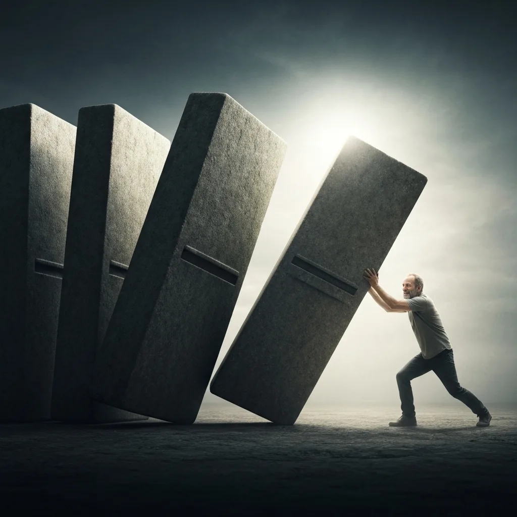A cinematic, photorealistic image of a series of massive, monolithic stone dominoes. A solitary figure is struggling intensely to push over the fourth domino in the line, while the first three remain standing behind them. Deep shadows, dramatic lighting, conveying a sense of immense psychological weight and misplaced effort.