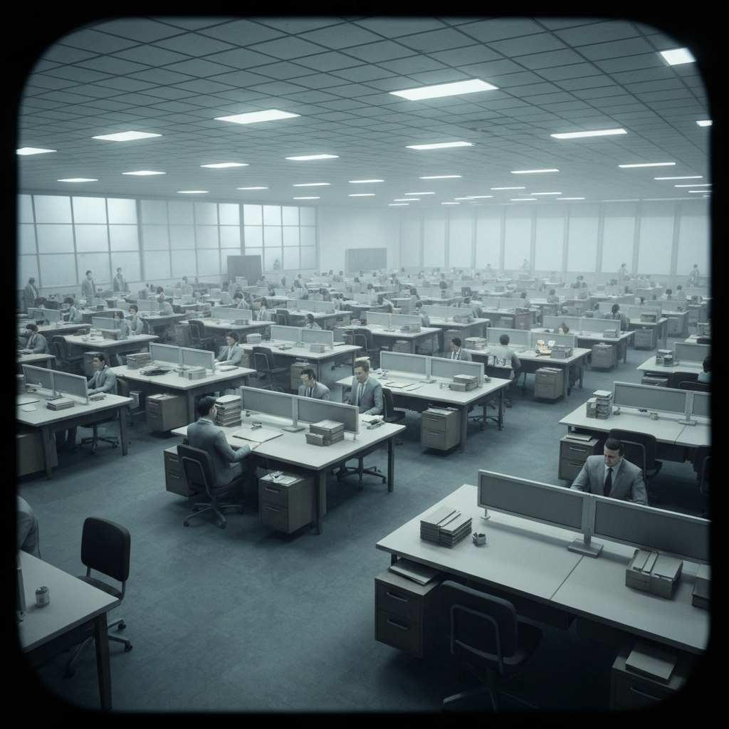 A stylized, slightly claustrophobic view of a sprawling, mid-century modern open-plan office space filled with identical desks and anonymous workers in similar grey suits, emphasizing conformity and the corporate hive mind, highly detailed, realistic.