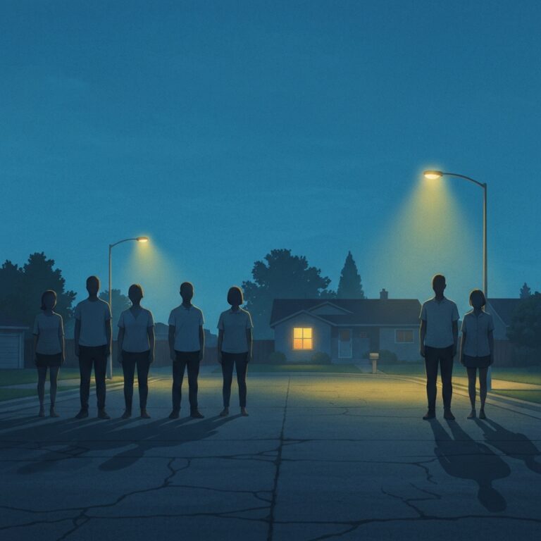 A surreal, atmospheric illustration of a group of faceless figures standing together in a suburban street at twilight, looking toward a single lit window in a house, capturing the mood of a collective neighborhood observer, cinematic lighting, muted colors.
