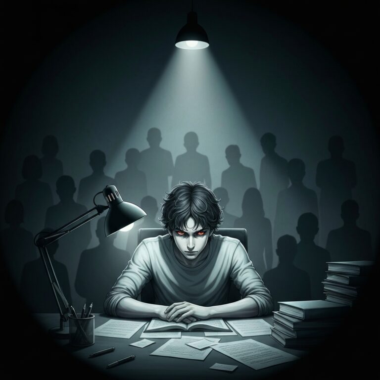A conceptual, high-contrast illustration of a solitary figure working intently at a desk in a dimly lit room, surrounded by dozens of faint, ghostly silhouettes of people watching them from the shadows. Cinematic lighting, moody atmosphere, psychological thriller aesthetic.