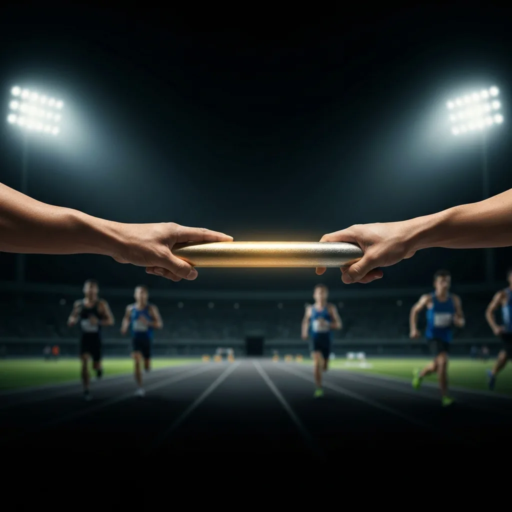 A macro shot of two hands passing a heavy, glowing steel baton in the middle of a relay race. The background is a massive blur of motion and dark colors. The focus is entirely on the firm grip and the transfer of responsibility, representing duty, stewardship, and connection. High detail, dramatic lighting, photorealistic.