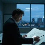 A cinematic, high-contrast image of a lone architect standing in a dimly lit studio, looking at a glowing blueprint that illuminates their face. The blueprint morphs into a subtle, glowing network connecting to a vibrant city visible through a large window, symbolizing the shift from solitary ambition to building for others. Moody lighting, hyper-realistic, 8k resolution.
