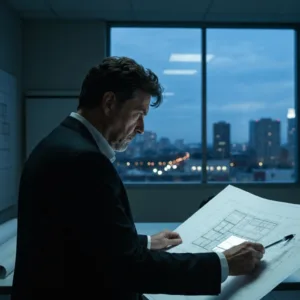 A cinematic, high-contrast image of a lone architect standing in a dimly lit studio, looking at a glowing blueprint that illuminates their face. The blueprint morphs into a subtle, glowing network connecting to a vibrant city visible through a large window, symbolizing the shift from solitary ambition to building for others. Moody lighting, hyper-realistic, 8k resolution.