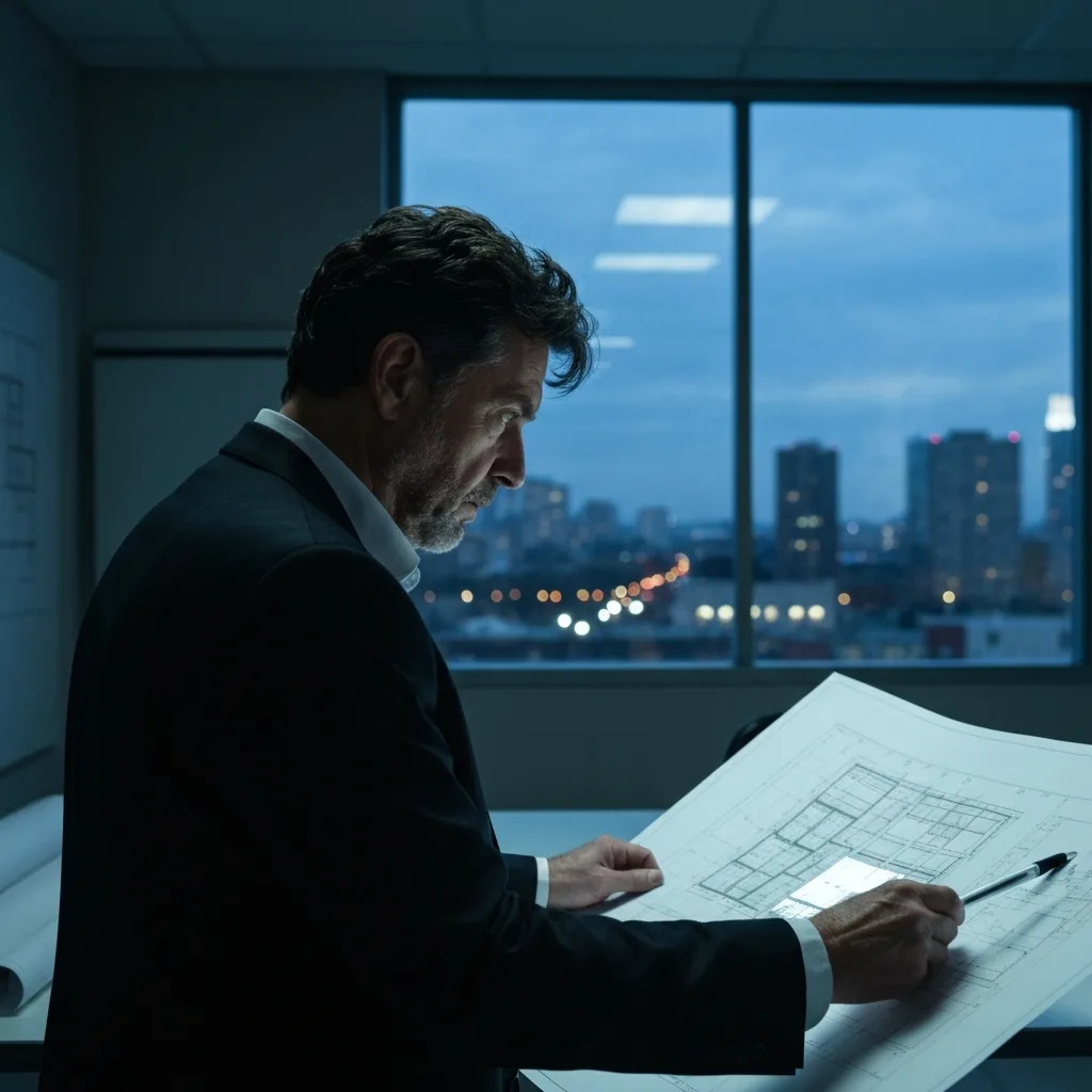 A cinematic, high-contrast image of a lone architect standing in a dimly lit studio, looking at a glowing blueprint that illuminates their face. The blueprint morphs into a subtle, glowing network connecting to a vibrant city visible through a large window, symbolizing the shift from solitary ambition to building for others. Moody lighting, hyper-realistic, 8k resolution.