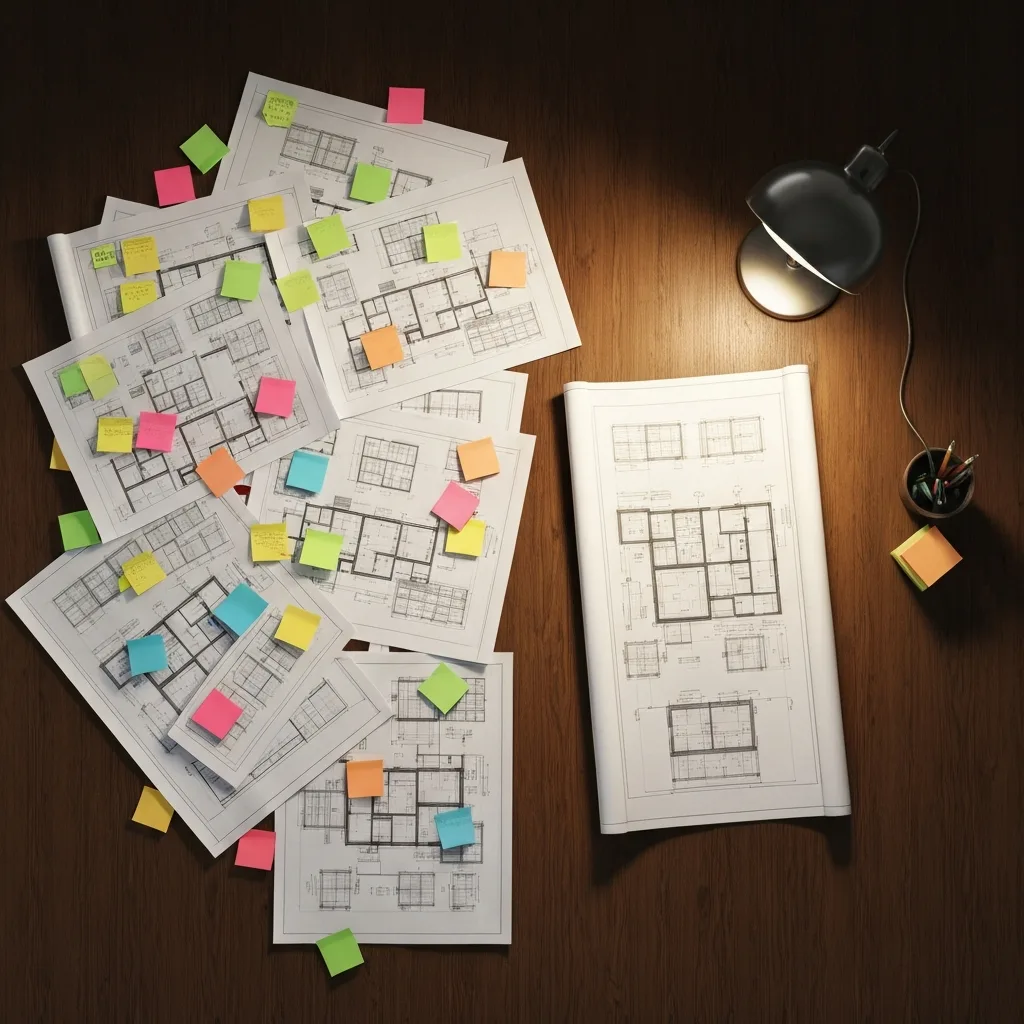 A top-down view of a modern wooden desk. On one side, dozens of scattered, overlapping blueprints and colorful sticky notes create a chaotic mess. On the other side, a single, sharply focused blueprint lies perfectly flat under a warm desk lamp. High contrast, photorealistic.