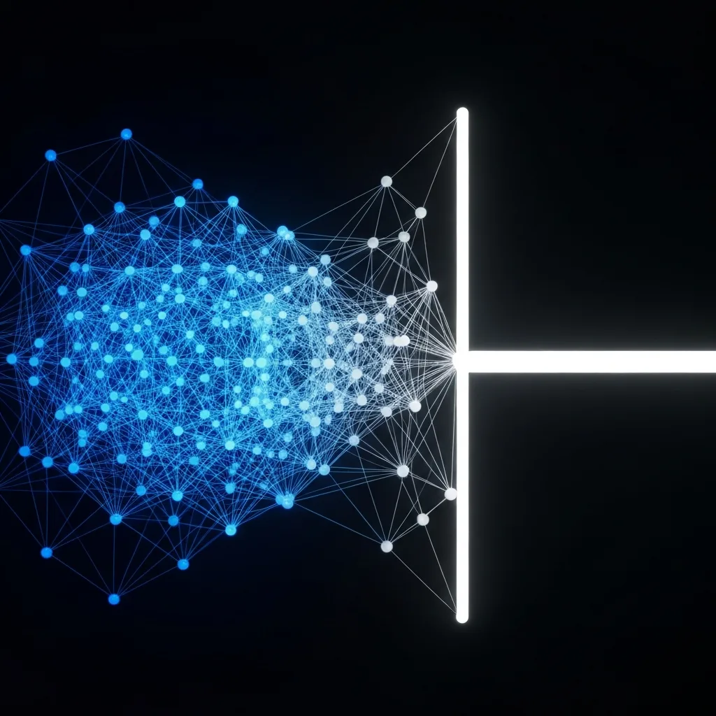 A minimalist, abstract 3D visualization showing a complex, tangled web of glowing nodes and lines on the left, transitioning into a clean, singular, thick glowing line on the right, representing the shift from high surface area to focused contraction. Dark background, cinematic lighting.
