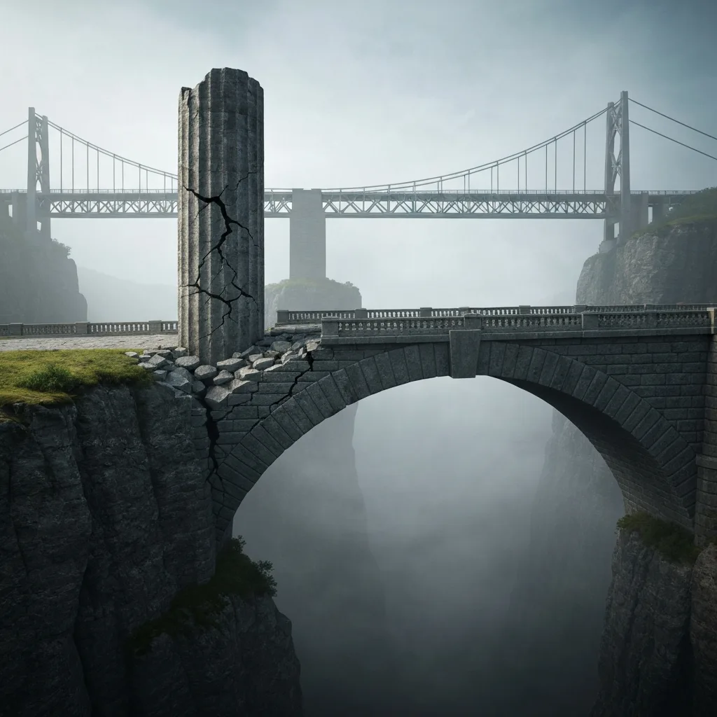 A visually striking architectural metaphor showing two bridges over a deep chasm. One bridge is crumbling, supported by a single, massive, cracking stone pillar. The other bridge is sturdy and modern, supported by multiple smaller, interconnected steel pillars. Represents psychological resilience and the multi-pillar identity. Soft morning light, photorealistic, highly detailed.