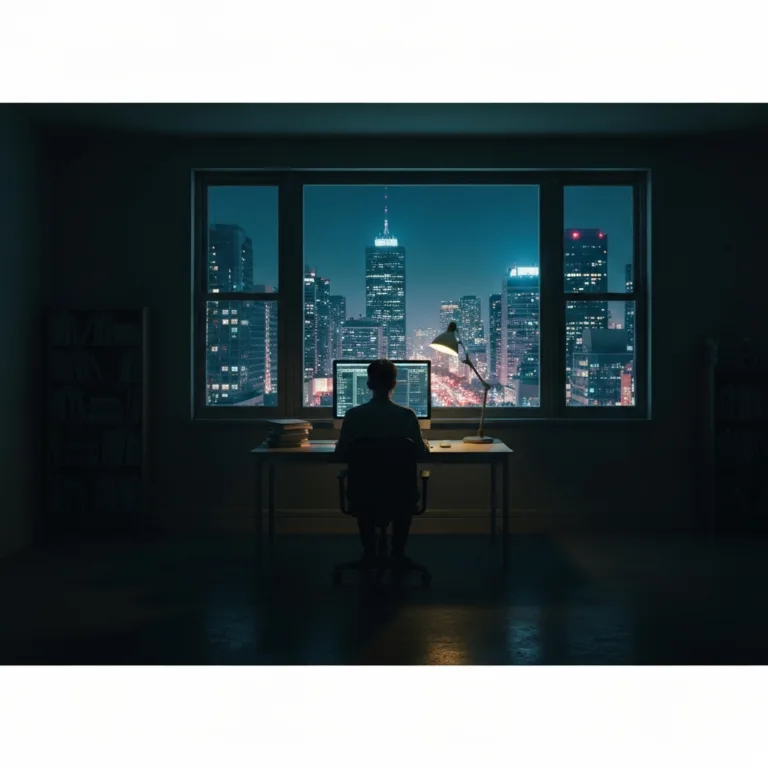 A cinematic, wide-angle shot of a lone individual sitting at a desk in a dark, empty room illuminated only by the harsh glow of a computer screen, contrasting with a vibrant, bustling city visible through a large window. The image represents the isolation of ambition and the concept of putting life on hold. Moody lighting, hyper-realistic, 8k resolution.