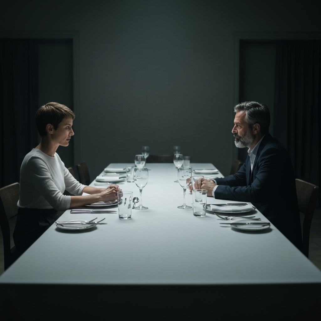 Two people sitting at opposite ends of a long, elegantly set dining table in a dimly lit room, neither speaking, their body language tense and distant, capturing the psychological weight of unspoken dialogue, moody and atmospheric.