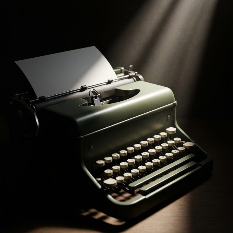 A close-up of a vintage typewriter with a blank sheet of paper, dramatically lit by a single shaft of dusty light in a dark, moody room, emphasizing the concept of silence and unwritten words, cinematic photography.