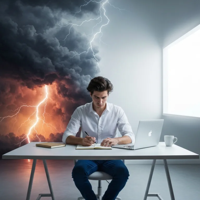 A highly cinematic, conceptual image of a person sitting at a minimalist desk, working calmly. The environment around them is split: one half is a chaotic, swirling storm of dark clouds and erratic lightning representing volatile emotions, and the other half is perfectly still, geometric, and illuminated by a sharp, clear light representing focused action. High contrast, photorealistic.
