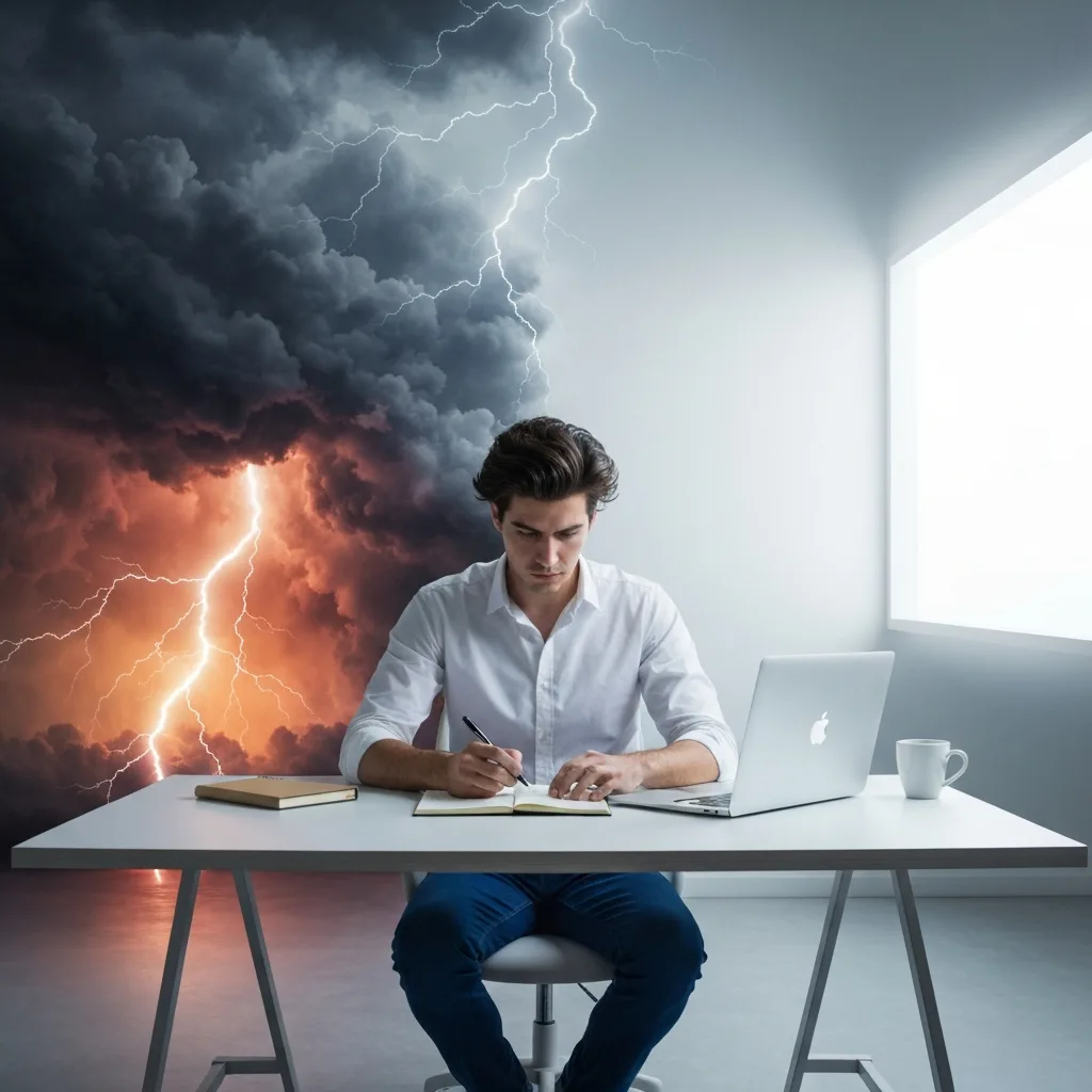 A highly cinematic, conceptual image of a person sitting at a minimalist desk, working calmly. The environment around them is split: one half is a chaotic, swirling storm of dark clouds and erratic lightning representing volatile emotions, and the other half is perfectly still, geometric, and illuminated by a sharp, clear light representing focused action. High contrast, photorealistic.