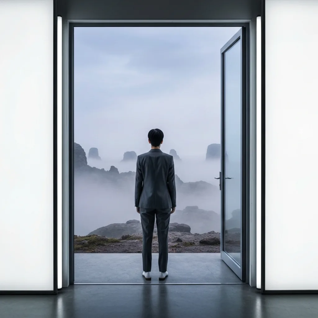 A conceptual, minimalist photograph of a person standing at the edge of a brightly lit, modern glass doorway looking out into a vast, misty, undiscovered landscape. High contrast, atmospheric, symbolizing transition and the threshold of new growth.