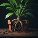 A close-up, highly detailed cinematic shot of a vibrant green plant whose thick, powerful roots have cracked and broken through a small terracotta pot, symbolizing outgrowing an environment. Moody, dramatic lighting with a dark background.