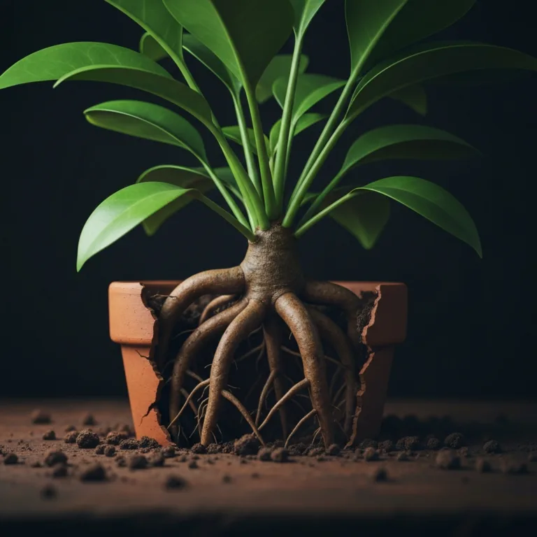 A close-up, highly detailed cinematic shot of a vibrant green plant whose thick, powerful roots have cracked and broken through a small terracotta pot, symbolizing outgrowing an environment. Moody, dramatic lighting with a dark background.