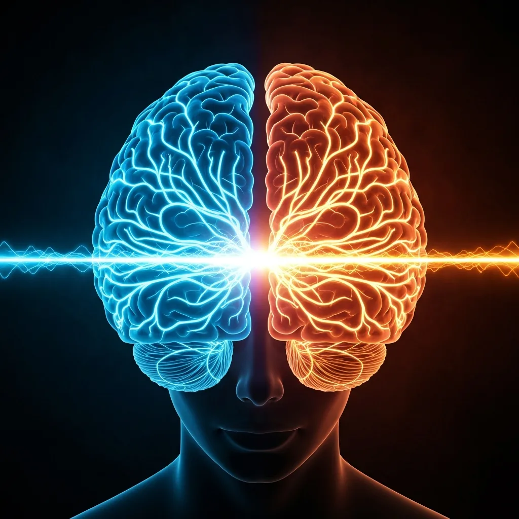 A conceptual visualization of a human brain with glowing neural pathways, where the left hemisphere is illuminated in cool, analytical blue and the right hemisphere in vibrant, creative orange, connected by a distinct, glowing energetic bridge, dark atmospheric background.