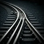 A highly detailed macro photography shot of a heavy steel train track switch transitioning from one direction to another, dramatic directional lighting, conveying a sense of heavy momentum and deliberate mechanical shift, cinematic, moody.