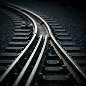 A highly detailed macro photography shot of a heavy steel train track switch transitioning from one direction to another, dramatic directional lighting, conveying a sense of heavy momentum and deliberate mechanical shift, cinematic, moody.