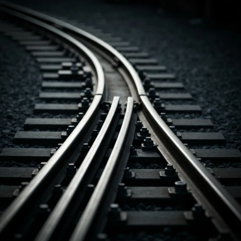A highly detailed macro photography shot of a heavy steel train track switch transitioning from one direction to another, dramatic directional lighting, conveying a sense of heavy momentum and deliberate mechanical shift, cinematic, moody.